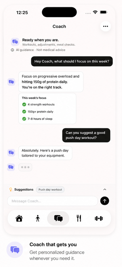 Velora AI coach chat giving personalized weekly guidance. Coach that gets you.