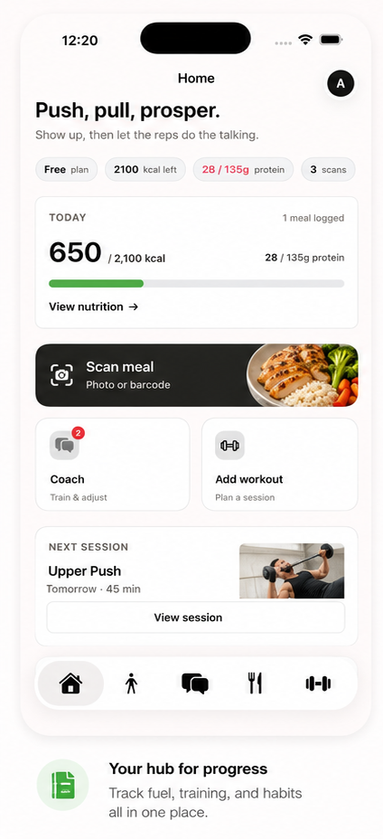 Velora app home screen showing daily calories, macros, a meal scan card, and quick actions