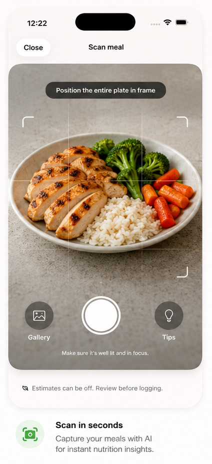 Velora meal scan screen — position the plate in frame to capture nutrition with AI. Scan in seconds.