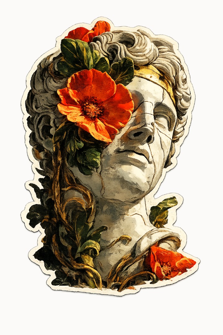 An illustration of a classical stone head crowned with red poppies and foliage.