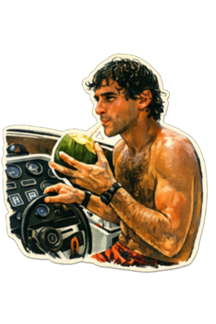 A watercolour illustration of a driver at the wheel, drinking from a green coconut.