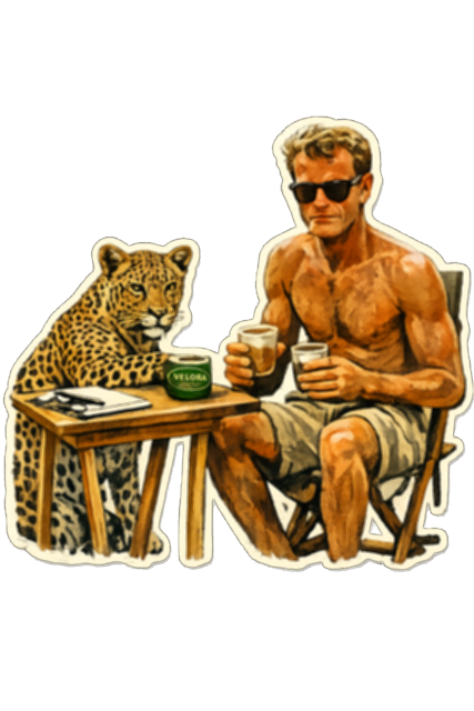 A watercolour illustration of a man in sunglasses sharing a drink at a table with a leopard, a green Velora tin between them.