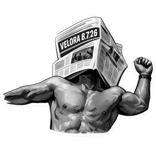 A statue flexing, wearing a folded newspaper as a hat, headline reading Velora 8.7.26.