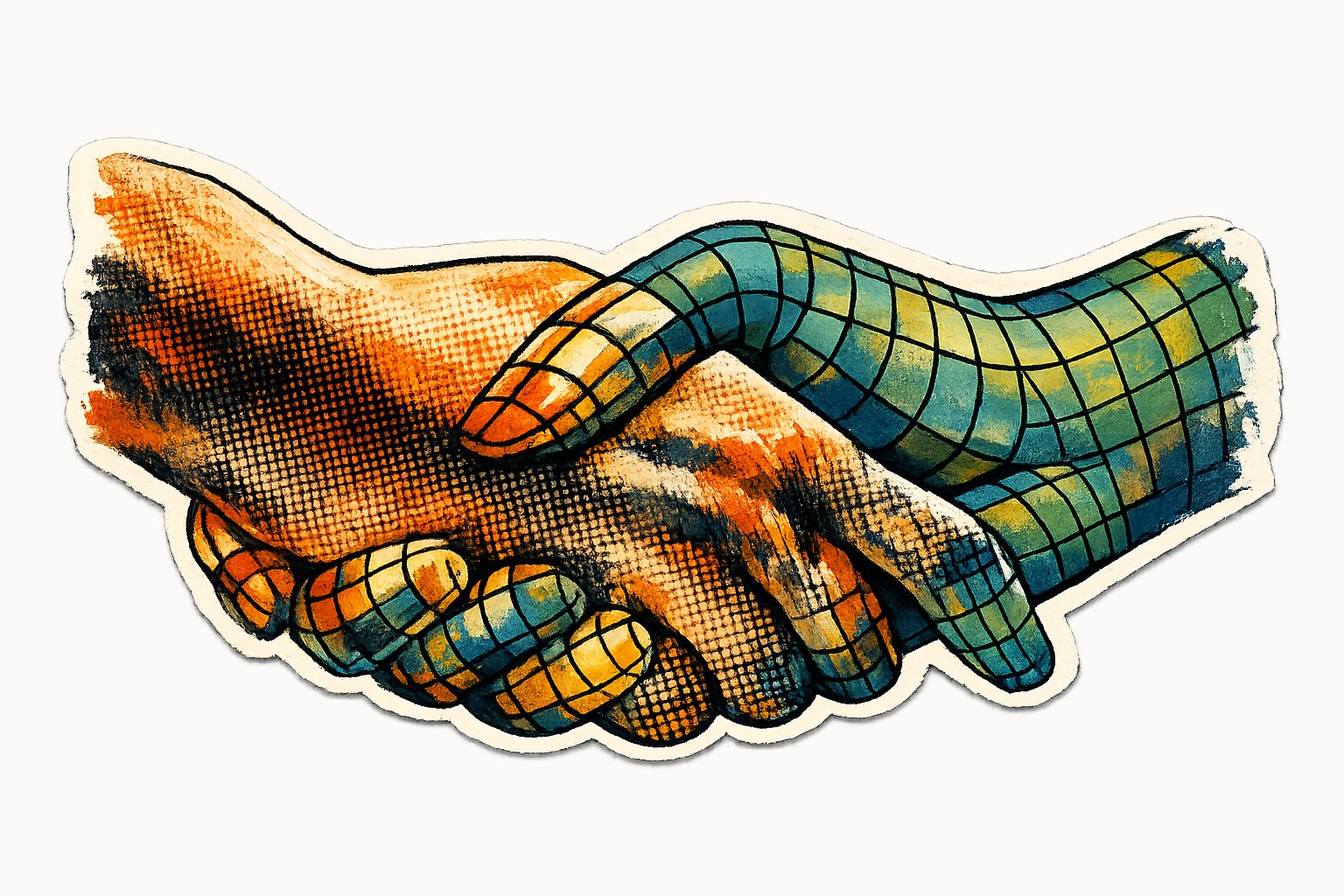 An illustration of two hands clasped in a handshake, one warm toned and one drawn as a grid.