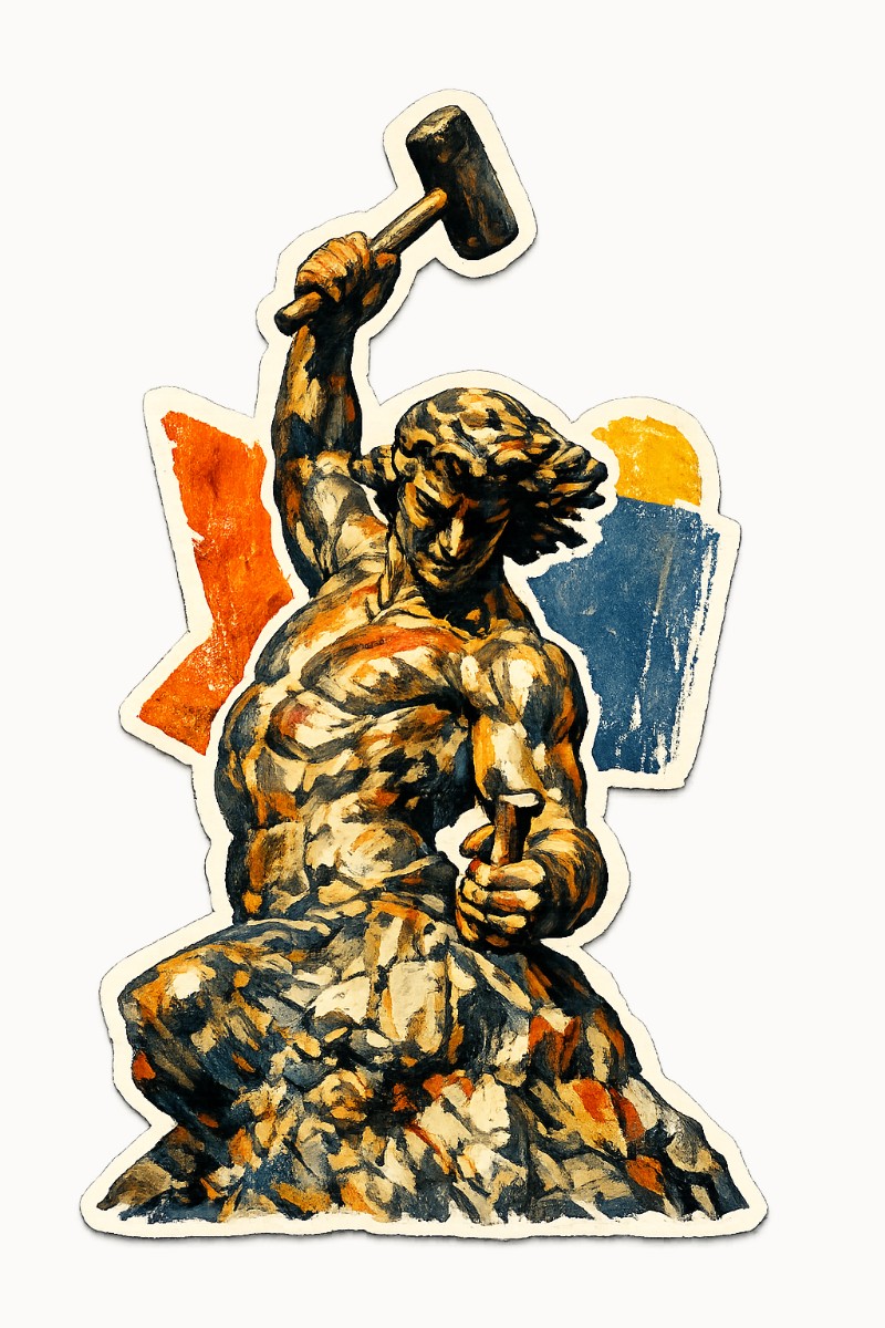 An illustration of a man carving himself out of stone with a raised hammer.